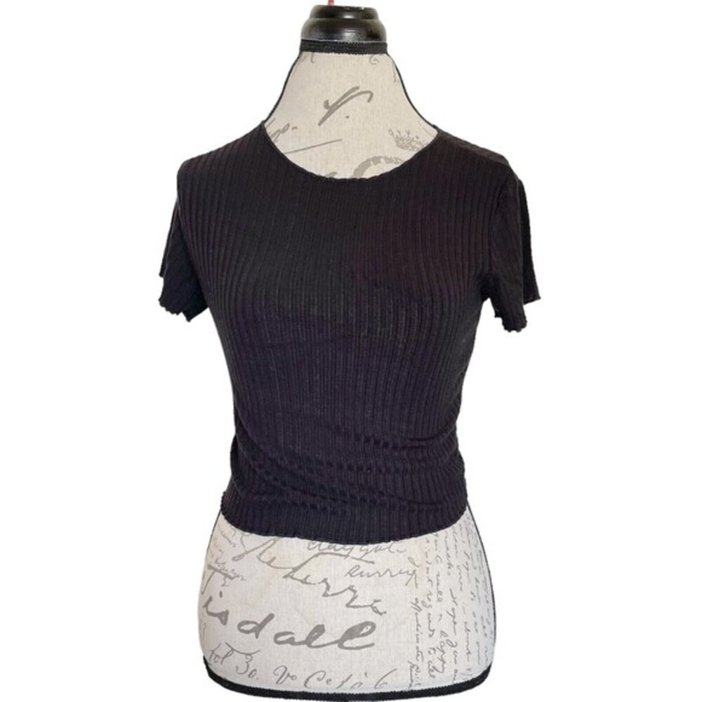 Lou & Grey Black Top Blouse Size XS Ribbed Lettuce Trim Cropped Short Sleeve Y2k